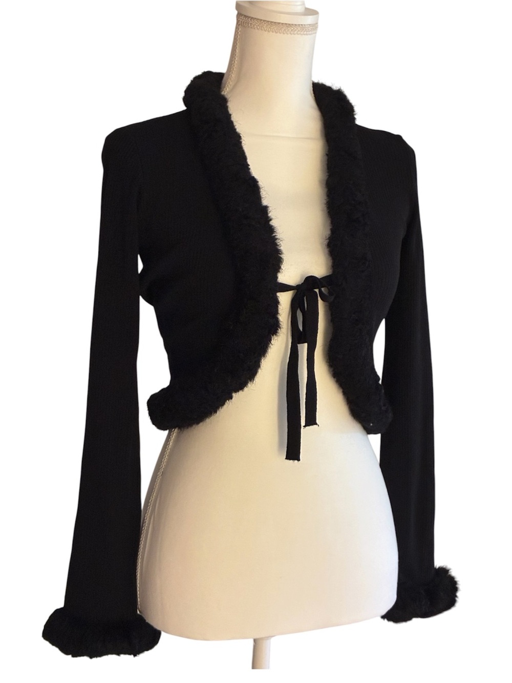 I.AM.GIA Black Faux Fur Trim Cropped Cardigan Tie Front Sweater Y2K Cardigan M